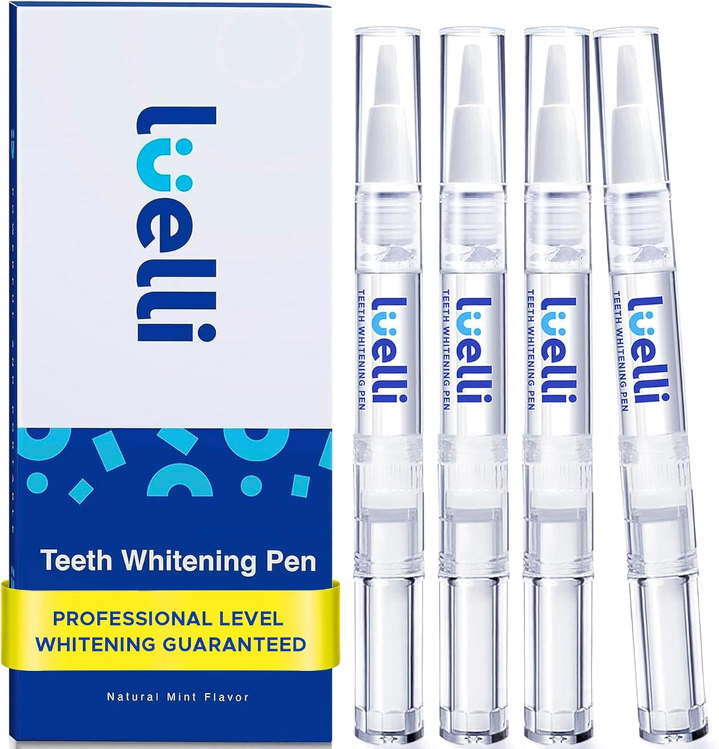 Luelli Teeth Whitening Pen, 20+ Uses - Travel Size Professional Tooth Whitener Serum, Extra Strength Organic Teeth Bleaching Gel for Sensitive Teeth, Instant Stain Removal, Simply White Smile, 4 Count