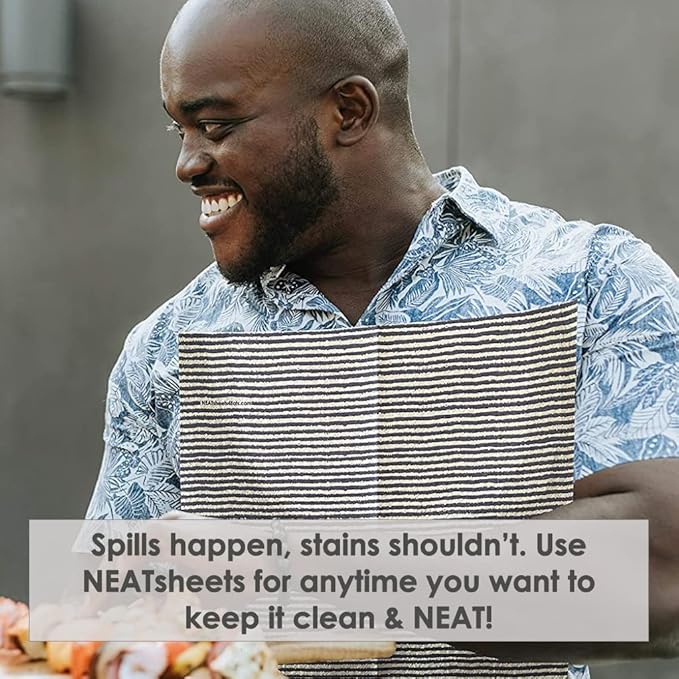 Disposable Bibs for Adults, Kids & Seniors | Adhesive Tab Napkins for Eating, Personal Use, Travel & Commuting | Spill Absorbent, Stain/Liquid Repellent | Blue Ticking 4 Count