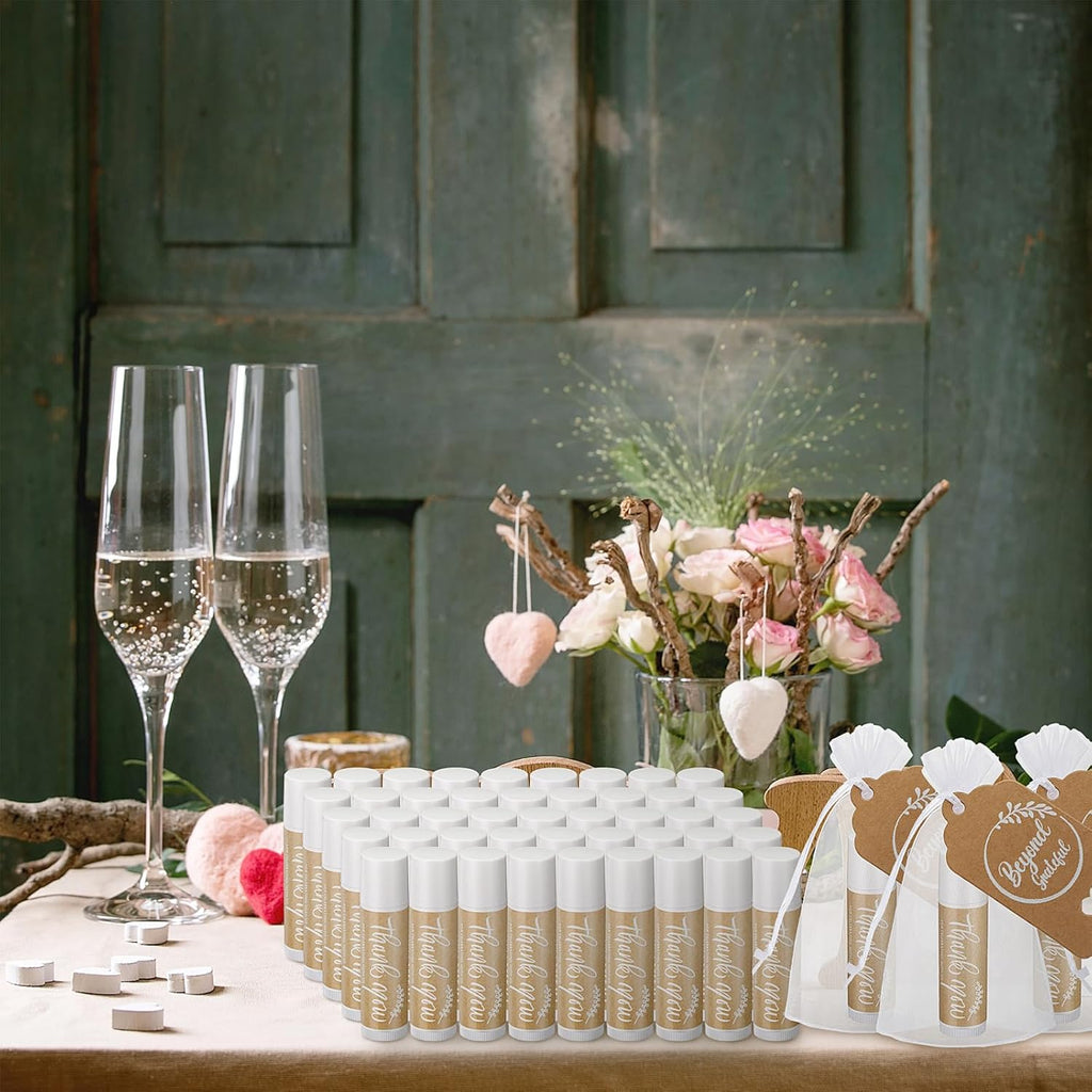 Leelosp Wedding Thank You Lip Balm Bulk Small Natural Moisturizing Mini Balm Lip Care Product Include Organza Bag and Appreciation Card for Women Baby Shower Favors, 5 Fragrance (100 Sets)