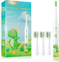Kids Electric Toothbrush Rechargeable Age 3-5-6-12-18 Year Old, Dinosaur Toothbrush for Kids with Timer 3 Modes 4 Vibrating Heads Habit Stickers 31000VPM Boys Electric Toothbrush (Dinosaur White)