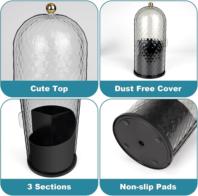 Toothbrush Holders with Sliding Lid, Rotating 3 Slots Bathroom Organizer Countertop, Tooth Brush Toothpaste Holder Bathroom Counter Stand Caddy for Vanity Makeup Brushes Holder (Black)