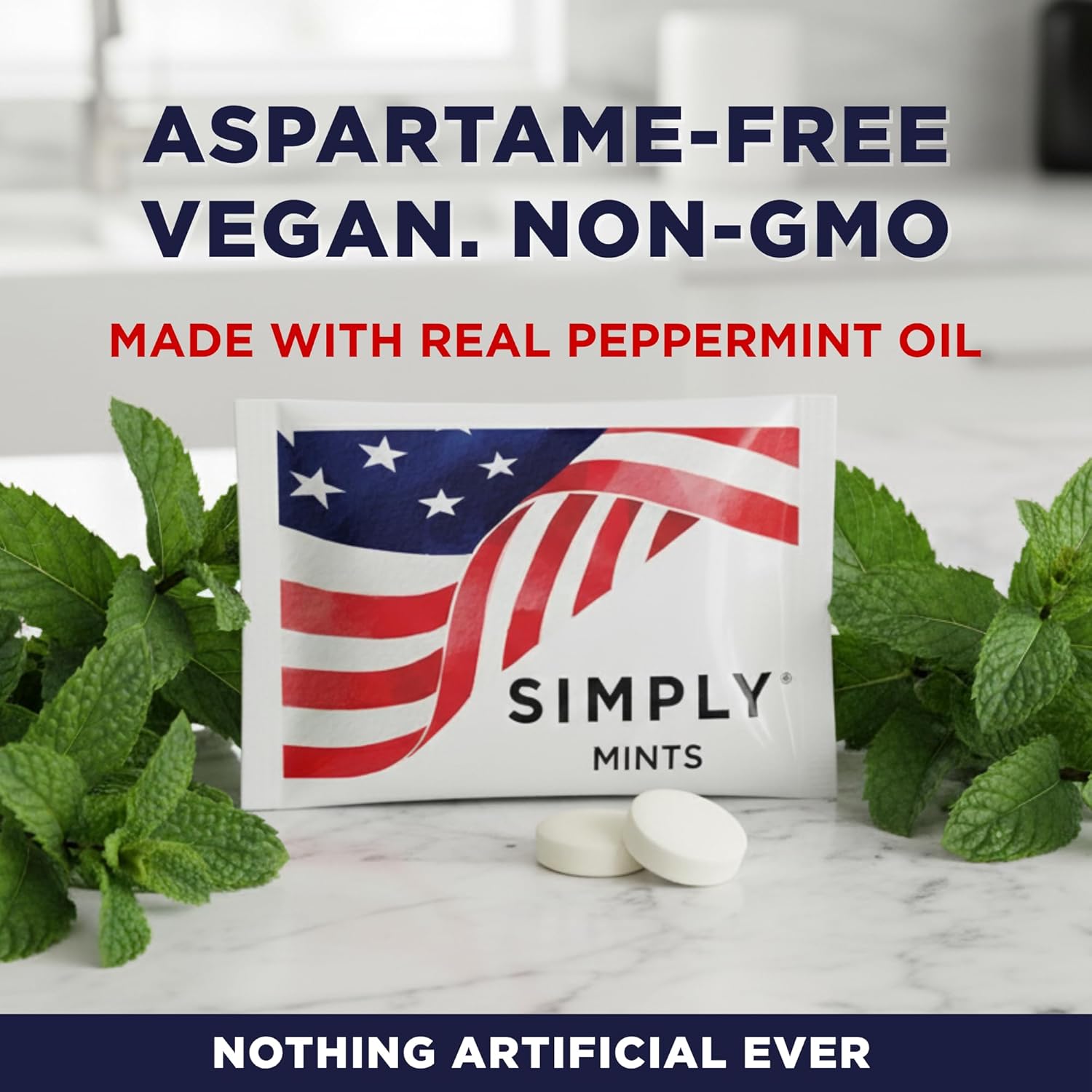 SIMPLY Peppermint US FLAG Individually Wrapped Breath Mints in Bulk, 50 Packets (2 per Packet), | Perfect for Office, School, Travel, Party Favors, Restaurants & Hospitality, Fourth of July