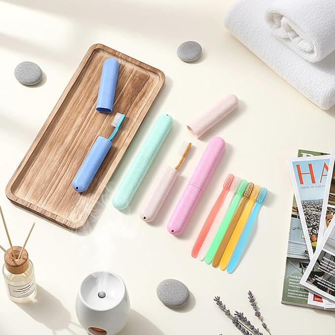 LemonRoad 20 Sets Travel Toothbrush Sets Disposable Toothbrush with Individual Portable Case Individually Wrapped Tooth Brush with Cases for Homeless Supplies Travel Camping Hotel (Macron)