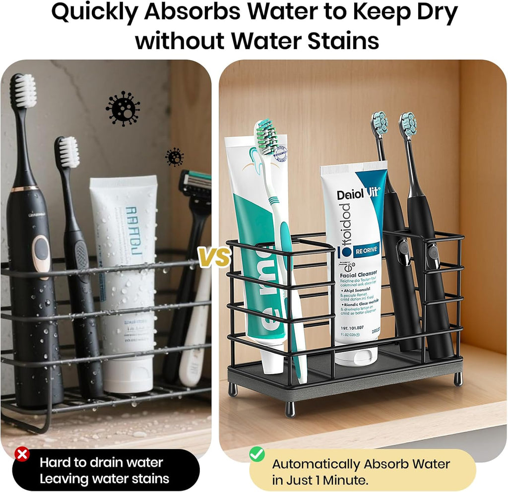 Toothbrush Holder with Quick Drying Mat—Toothbrush and Toothpaste Holders for Bathrooms—5 Slots Openwork Design Black Toothbrush Holder Set,Bathroom Counter Organizer for Electric Toothbrush