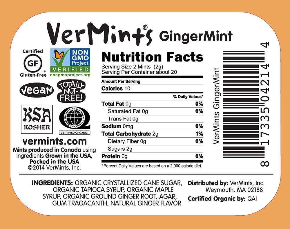 VerMints Organic Breath Mints GingerMint - Real Ginger Flavored Candies - Travel Size Tin - Non-GMO, Nut Free, Gluten Free, Vegan, Kosher Organic Candy Mints - 1.41oz Tins (Pack of 6)