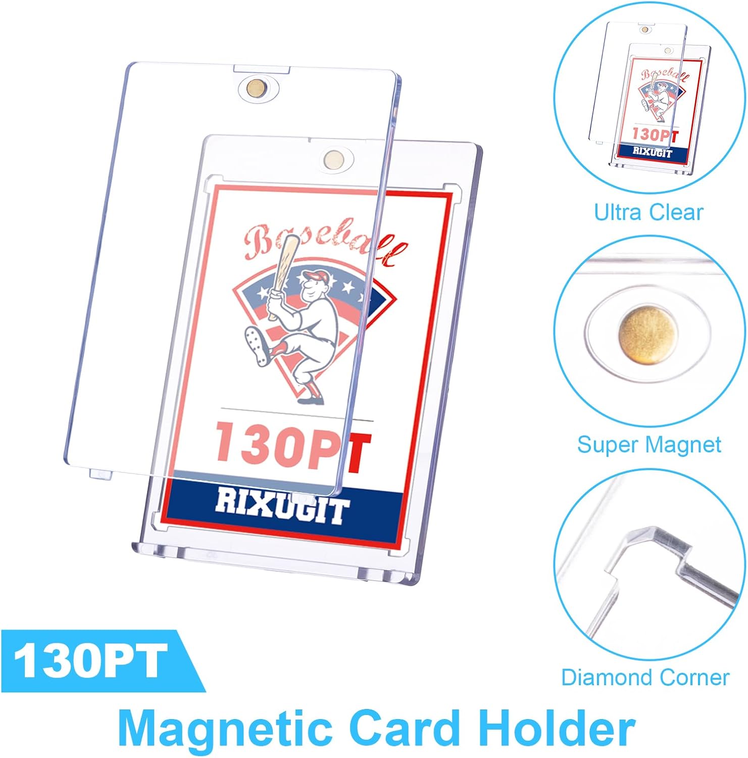130pt Magnetic Card-Holders for Trading Cards - 15-Pack One Touch Card Case with Stronger Magnet, UV Protection， Card Protectors Hard Plastic, Card Sleeves Display Case for Baseball Card Sports Cards