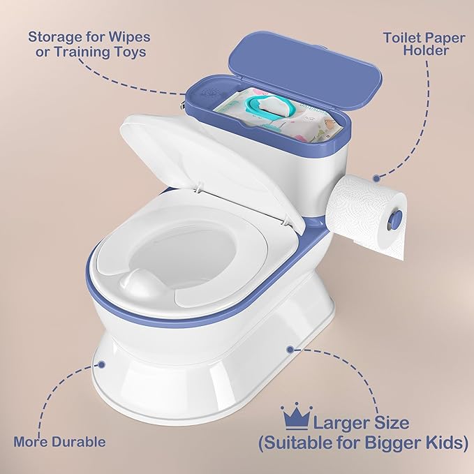 2-in-1 Toddler Potty Training Toilet - Larger Potty Chair & Detachable Training Seat for Boys & Girls Ages 1-3 with Flushing Sound, Wipes Storage, Toilet Paper Holder - Blue