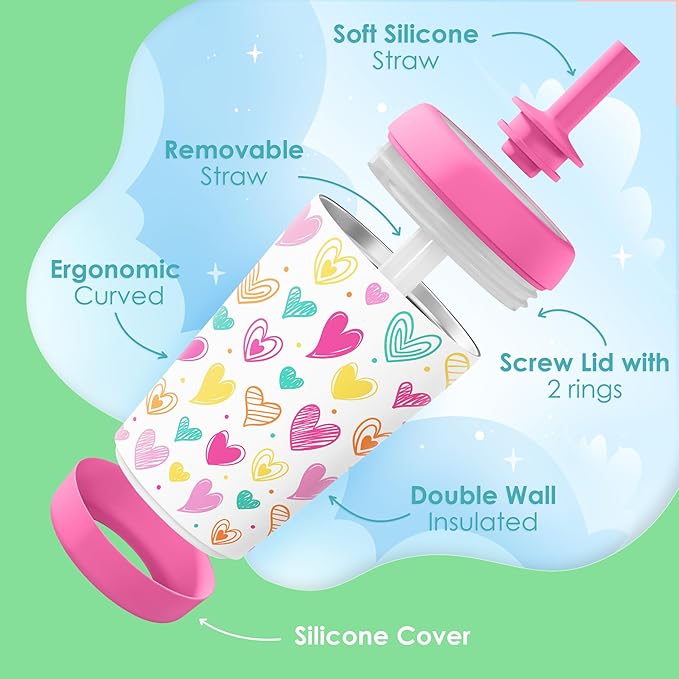 Kid Insulated Stainless Steel Tumbler with Silicone Straw, 12oz Sippy Cup for Kids (Playful Hearts)