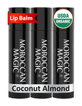 Moroccan Magic Organic Coconut Almond Lip Balm 3 Pack | Ultra-Hydrating Argan & Essential Oil Lip Moisturizer + Vitamin E | Natural Chapstick for Dry Lips | Smooth, Non-Toxic | Organic Lip Balm