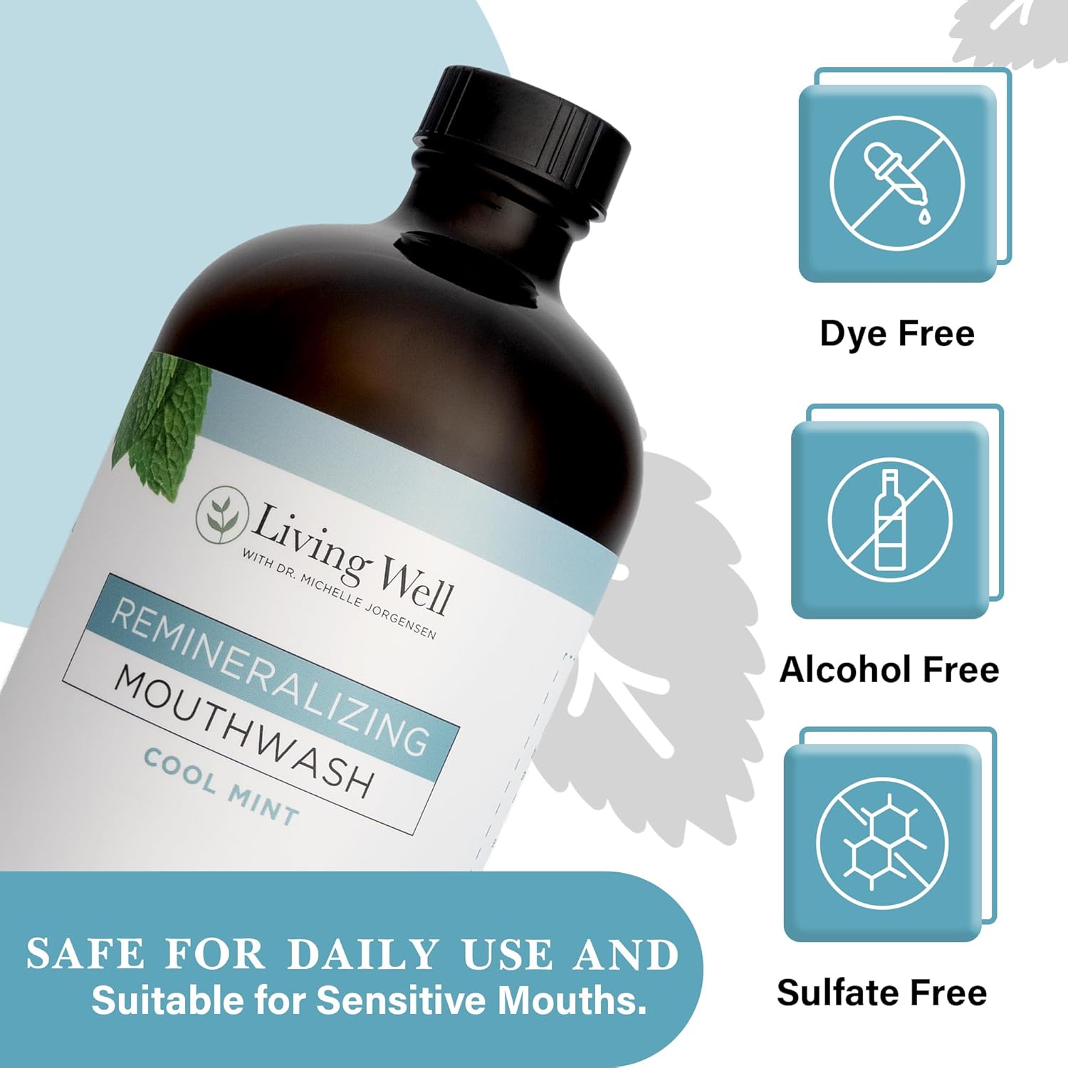 Living Well with Dr. Michelle Cool Mint Remineralizing Mouthwash | Hydroxyapatite & Colloidal Silver Formula | Alcohol-Free | Fluoride-Free Mouth Rinse