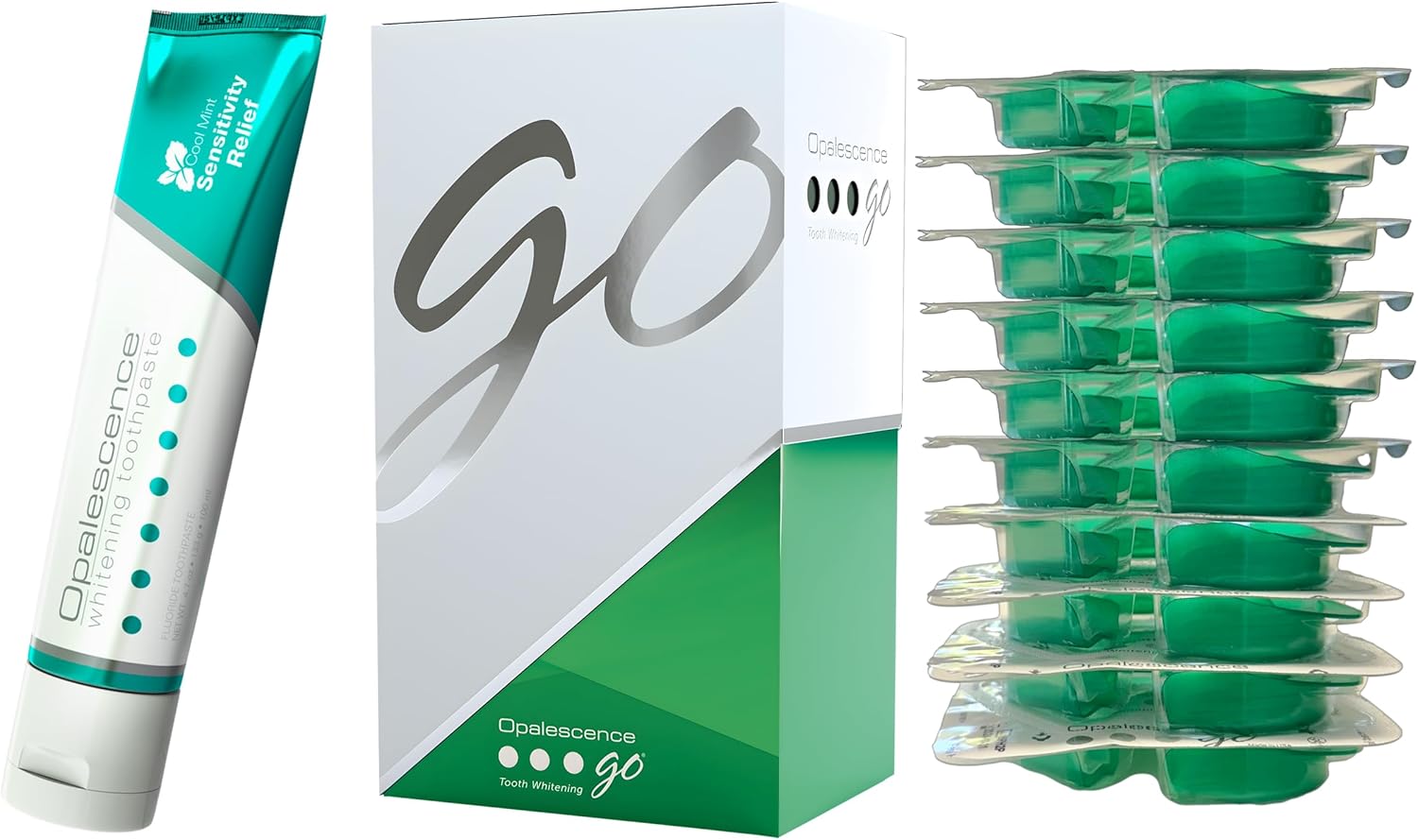 Opalescence Teeth Whitening Bundle - Opalescence Go 15% Hydrogen Peroxide Prefilled Trays (10 Trearments) and Sensitive Whitening Toothpaste 4.7 Onz - Mint Flavor 5194-5167