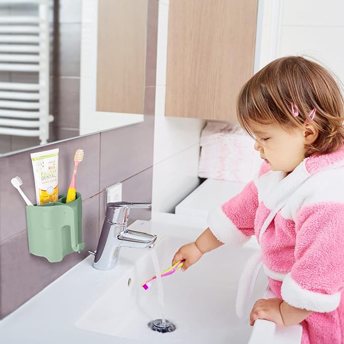 RyanLemon Elephant Toothbrush Holder for Kids,Cute Toddler Toothbrush Holder, Suction Cup Electric Toothbrush and Toothpaste Holder for Toddler with 3 Slots and a Hook for Hanging Bath Ball, Green