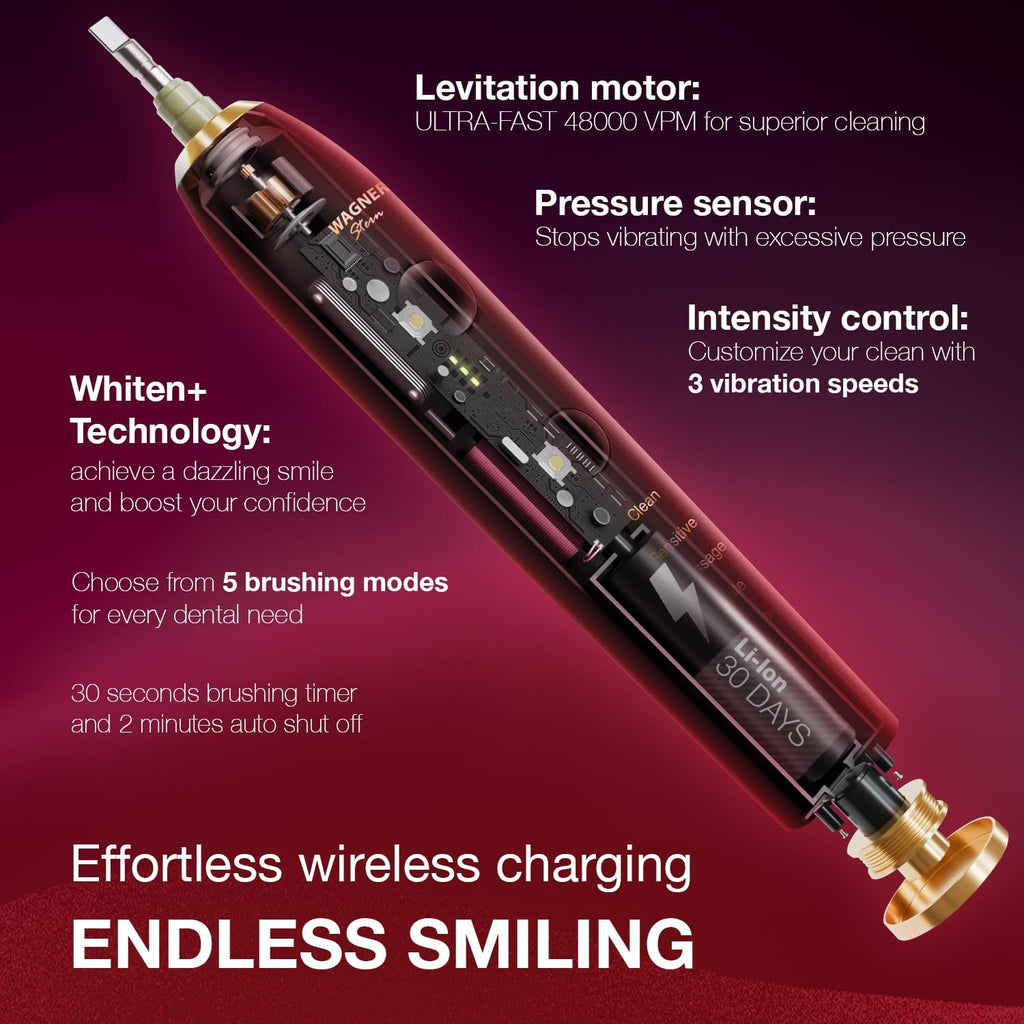 Wagner Stern WHITEN+ Edition. Whitening Electric Toothbrush with Pressure Sensor. Offers 5 Brushing Modes, 3 intensities, 8 Soft Brush Heads, and a Luxury Travel case.