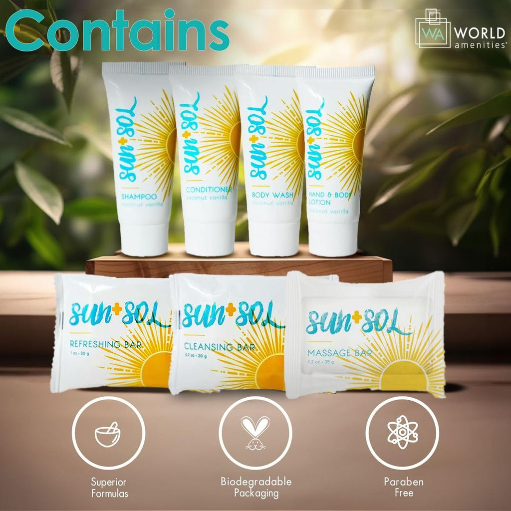 World Amenities Sun+Sol Mini Travel Size Hotel Toiletries Bathroom Kit - Case of 25 Sets - Warm Coconut & Vanilla - Shampoo, Conditioner, Body Wash, Lotion, Cleansing Bar, Soap Bar