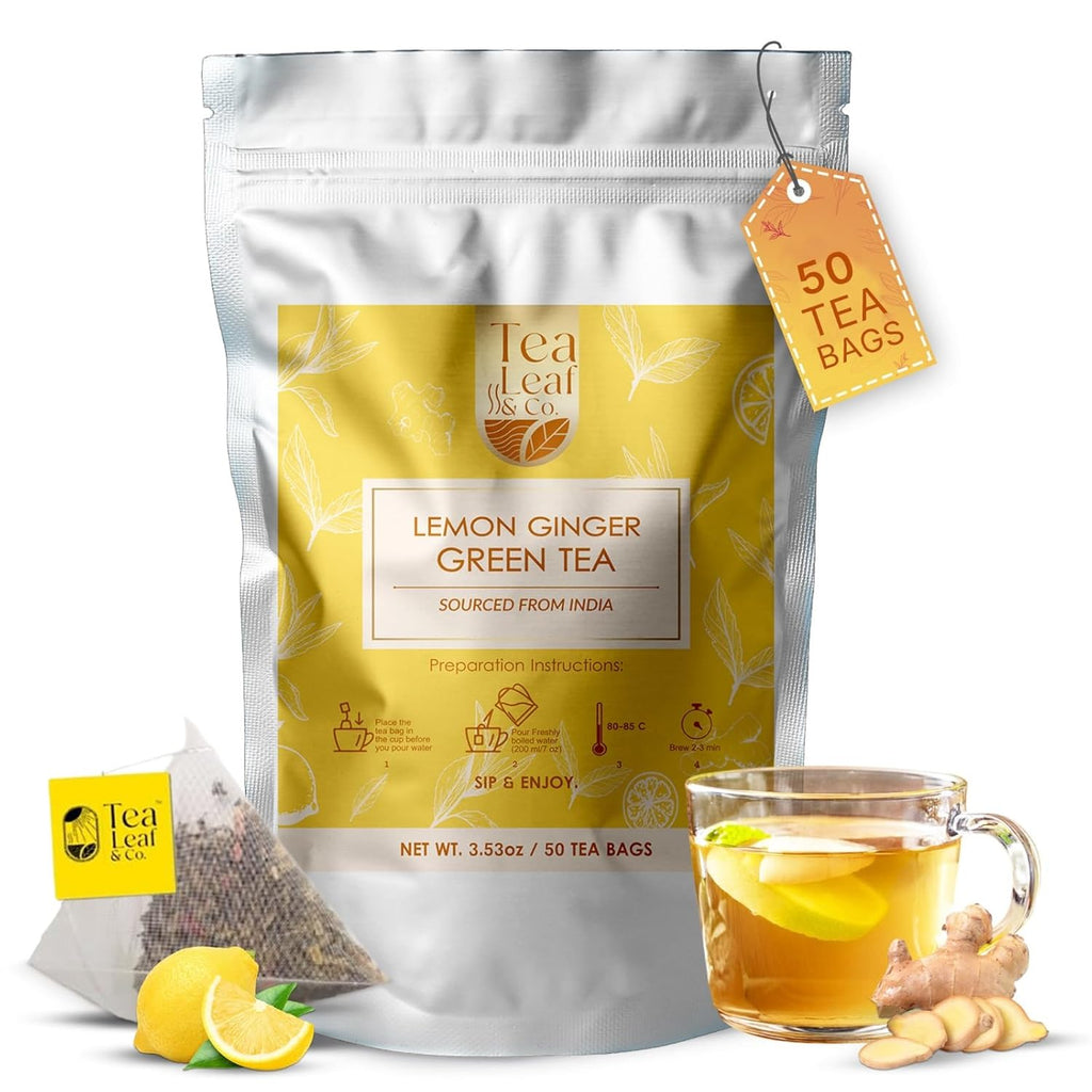 Lemon Ginger Green Tea Bags (50 Count), Green Tea with Orange Peel, Black Pepper & Mint Extract, Caffeinated, Real and Natural Green Tea, Blended with Fresh Herbs and Spices, Gluten Free