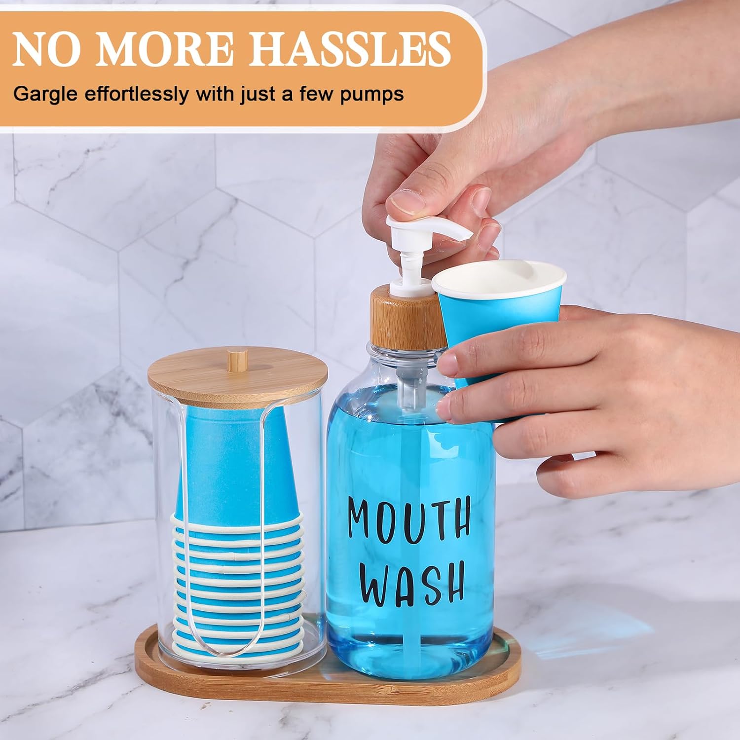 1 Set Mouthwash Dispenser for Bathroom 17 Oz Refillable Mouth Wash Pump Bottle Paper Cup Holder with Bamboo Lid and Tray Clear Mouthwash Container for Bathroom Vanity Kitchen Sink