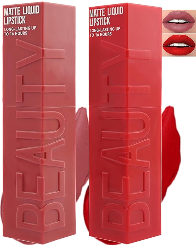 Matte Liquid Lipstick for Women-2Pcs Pink Neutral & Red Highly Pigmented Lip Stain Tint,Super Velvet Matte Lip Gloss, Long Lasting Up to 16H Wear,Waterproof Smudge-proof Non-Stick Cup Lip Makeup-03+05