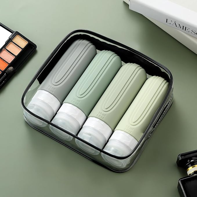 Travel Bottles for Toiletries, Tsa Approved 3oz Travel Size Containers BPA Free Leak Proof Refillable Liquid Silicone Squeezable Travel Accessories for Shampoo Conditioner Lotion (4 Pack)…