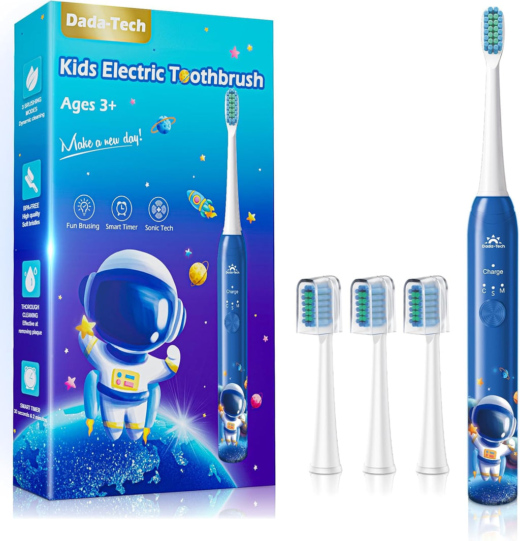 Electric Toothbrush Kids Age 3-5-7-8-12 Year Old, Childrens Electric Toothbrush Rechargeable with Timer 3 Modes 4 Vibrating Heads Habit Stickers 31000VPM Boys Electric Tooth brush (Astronaut Blue)
