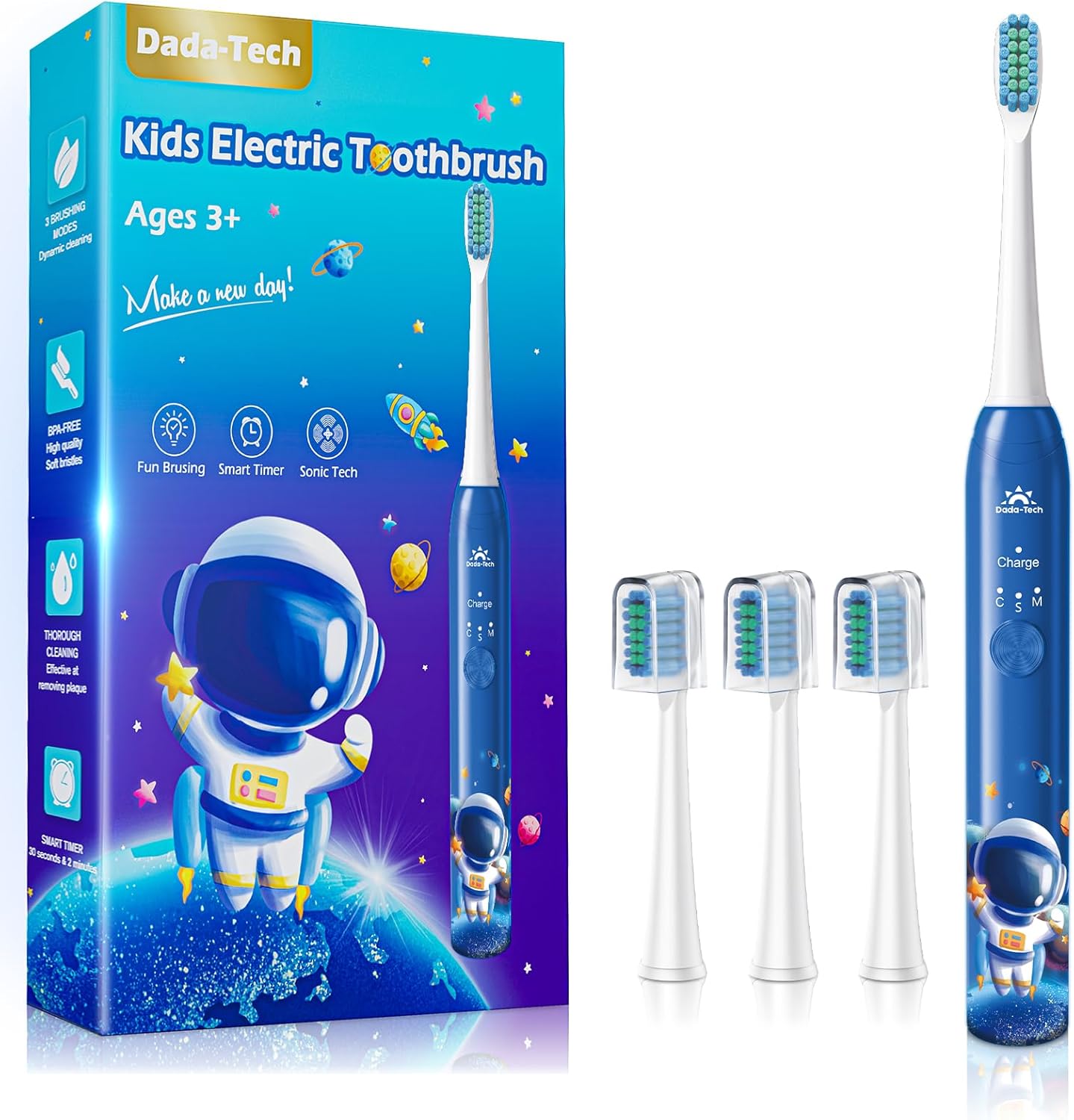 Electric Toothbrush Kids Age 3-5-7-8-12 Year Old, Childrens Electric Toothbrush Rechargeable with Timer 3 Modes 4 Vibrating Heads Habit Stickers 31000VPM Boys Electric Tooth brush (Astronaut Blue)