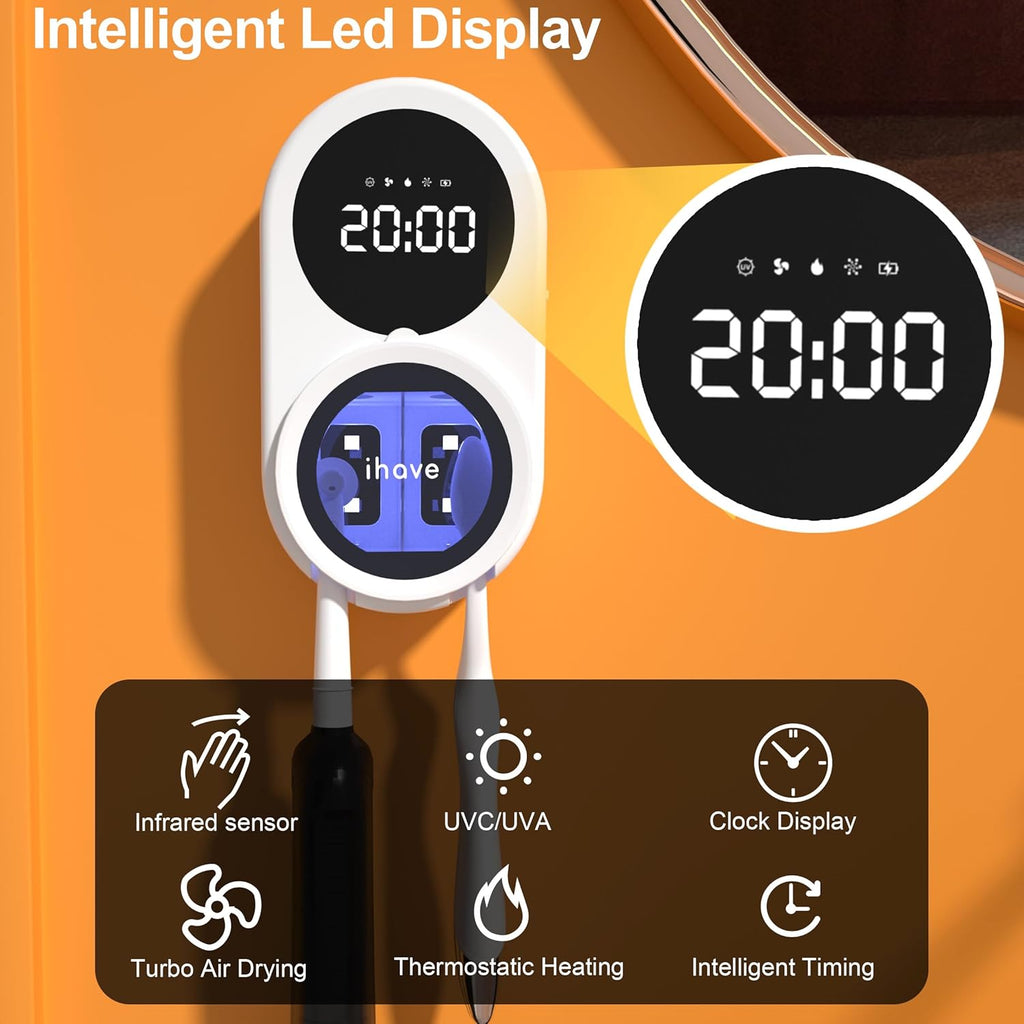 iHave Toothbrush Sanitizer Holder, UV Toothbrush Holders with 100M Negative Ions for 360° Disinfection, Mold Control & Odor Neutralization, Heated & Fan Drying 2-Slot Toothbrush Holder Wall Mounted