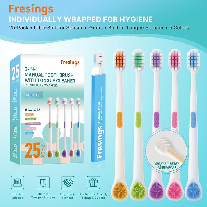 Ultra Soft Toothbrush Family Pack, 25 Pack for Adults & Kids – Sensitive Gums Care with 2-in-1 Tongue Scraper, Individually Wrapped for Travel & Home Use