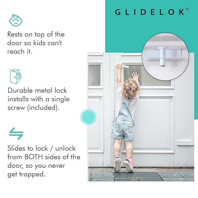 2 Pack – GlideLok Child Safety Door Top Lock | for Interior & Exterior Doors | Lock & Unlock from Both Sides | Stop Kids, Pets, Dogs & Cats from Opening Doors
