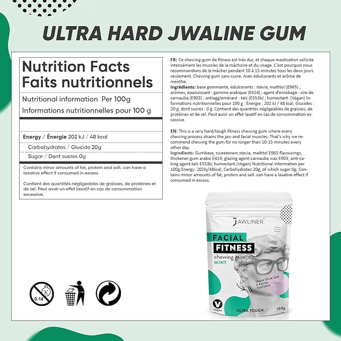 Jawliner® - Pioneers the Toughest Handmade 15x Harder Jawline Gum Includes 12 Weeks Coaching - Sugar-Free Mint Chewing Gum - Jawline Exerciser for Mewing & Shaping the Jaw (6 Months Pack)