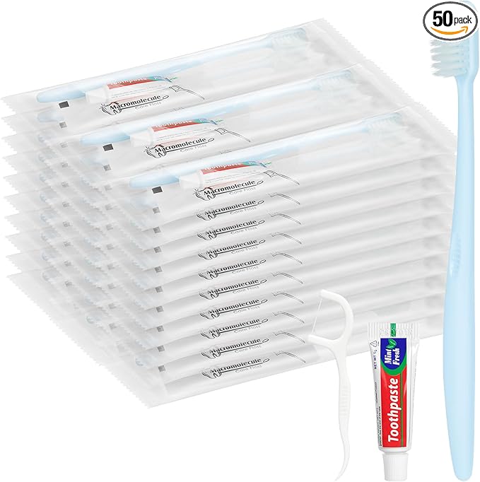 Disposable Toothbrushes with Toothpaste, Travel Toothbrush Kit, Individually Packaged, Light Blue, with Floss Picks, Suitable for Hotel, Home, Camping, Travel (50-Pack)