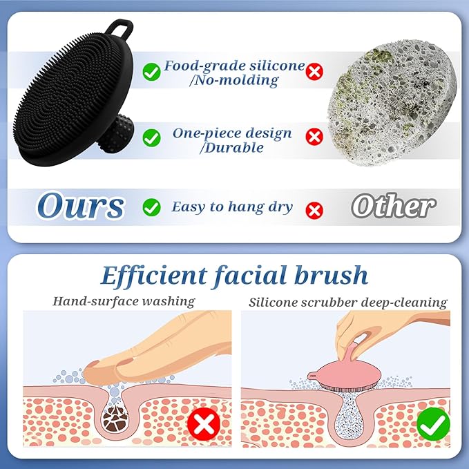 Silicone Face & Back Scrubber Set, Manual Face & Body Scrubber Exfoliator with Soft Bristles and Non-Slip Handle, Back Brush Bath Brush with Detachable Brush Head(2PCS Green Set)