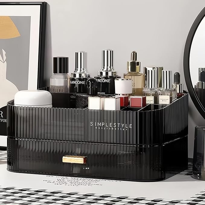 Makeup Organizer for Vanity, Large Desk Organizer with Stackable Drawer for Cosmetics, Skincare, Lipsticks, Palette, Nail Care, Ideal Storage for Dresser and Bathroom Countertop- Black