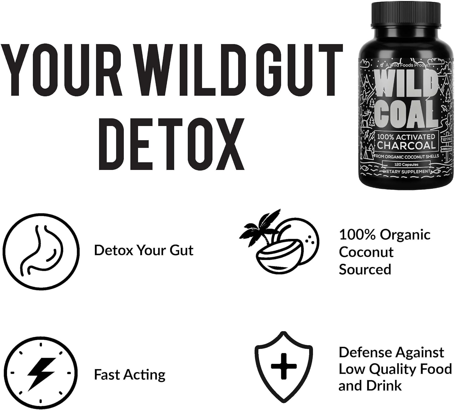 Wild Foods Activated Charcoal Capsules | 100% Organic Coconut Shells Active Tablets for Bloating Relief | Lab Tested & Non-GMO Detox Pills | USA (Two Bottles - 120 Capsules)