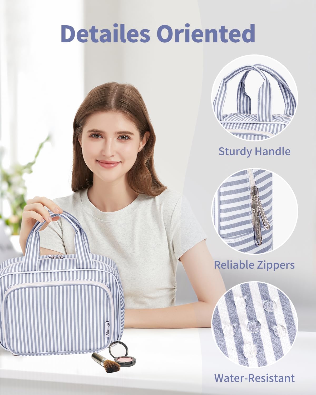 Narwey Large Travel Toiletry Bag for Traveling Women, Cosmetic Makeup Bag Make Up Organizer, Striped Travel Bag for Toiletries with Handle (Greyish Blue Stripe)