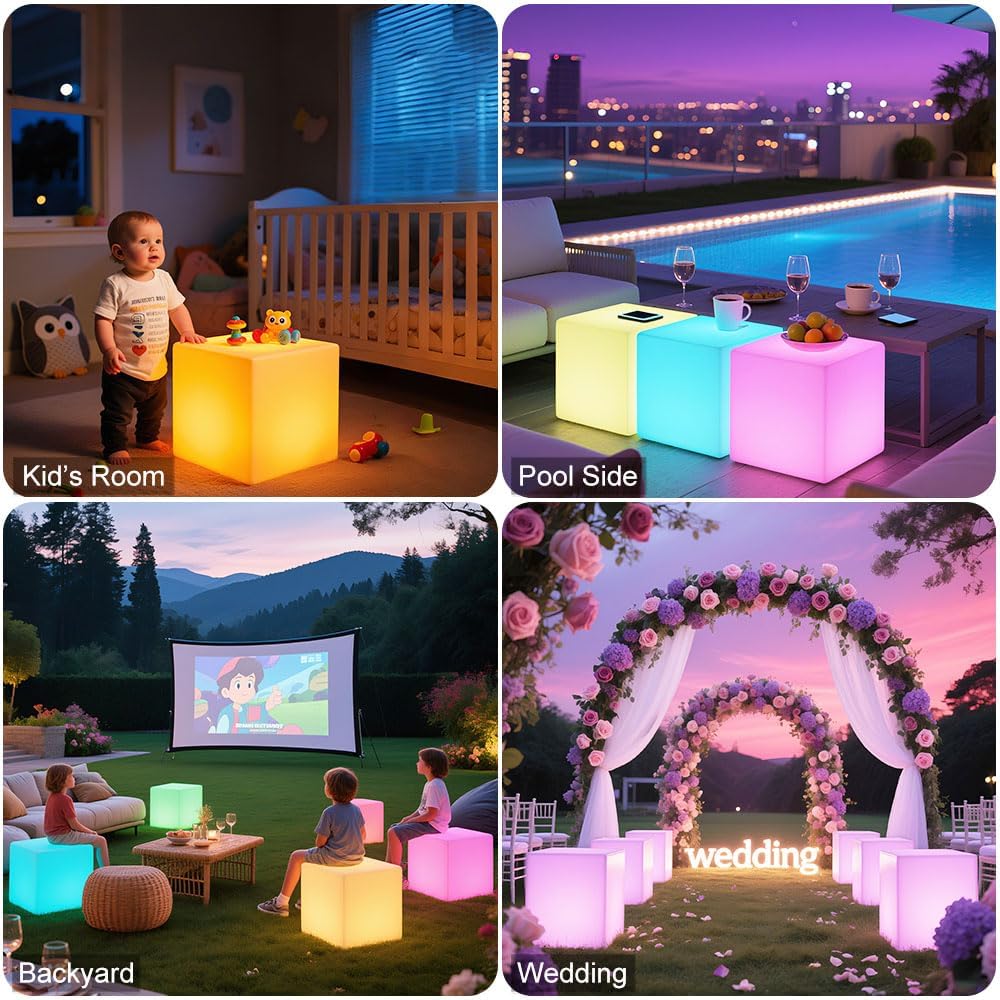 16'' Cordless LED Cube Chair Light, LED Cube Seat for Adult Kid, RGB Color Changing Waterproof Glowing Chair w/Remote, Rechargeable Night Light Mood Lamp Decorative Lights for Home Patio Garden Party
