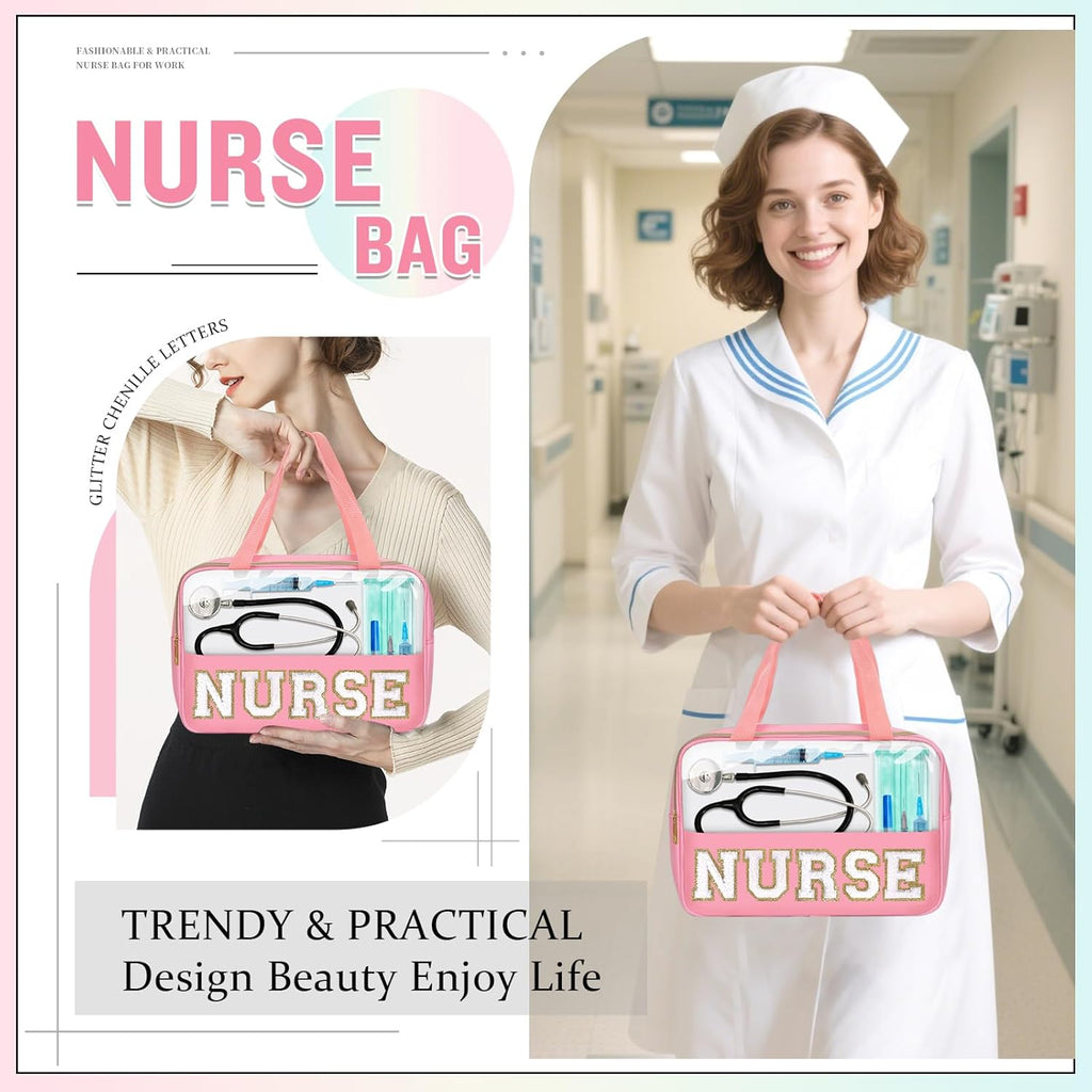 Nurses Week Gifts Chenille Letter Clear NURSE Makeup Bag for Women,Preppy Nurse Cosmetic Pouch Zipper with Handle Nurse Essentials Bag for Work Supplies,Travel Waterproof Toiletry Storage(NURSE-Pink)