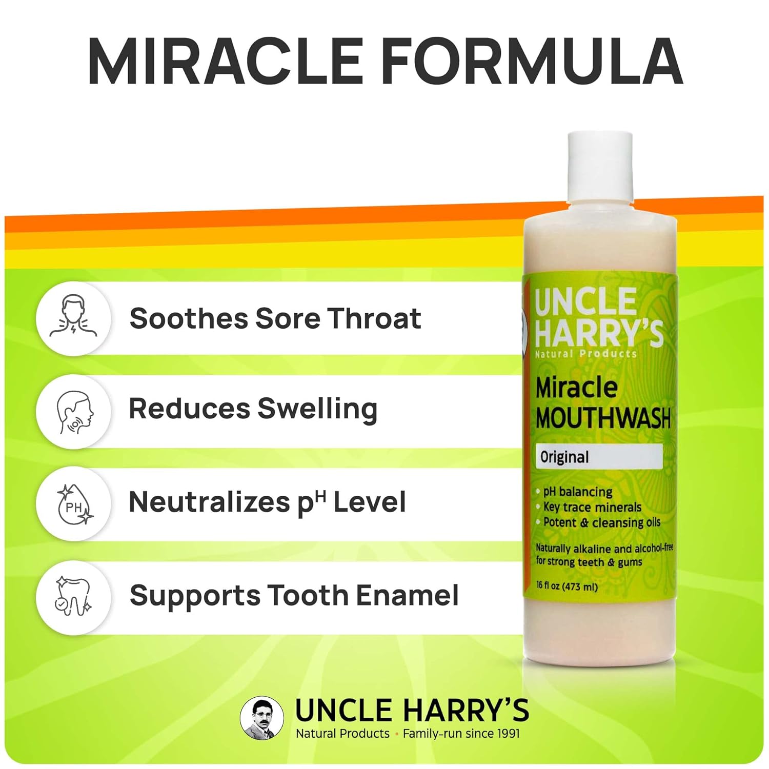 Uncle Harry's Natural Alkalizing Miracle Mouthwash | Adult & Kids Mouthwash for Bad Breath | pH Balanced Oral Care Mouth Wash & Mouth Rinse (16 fl oz)