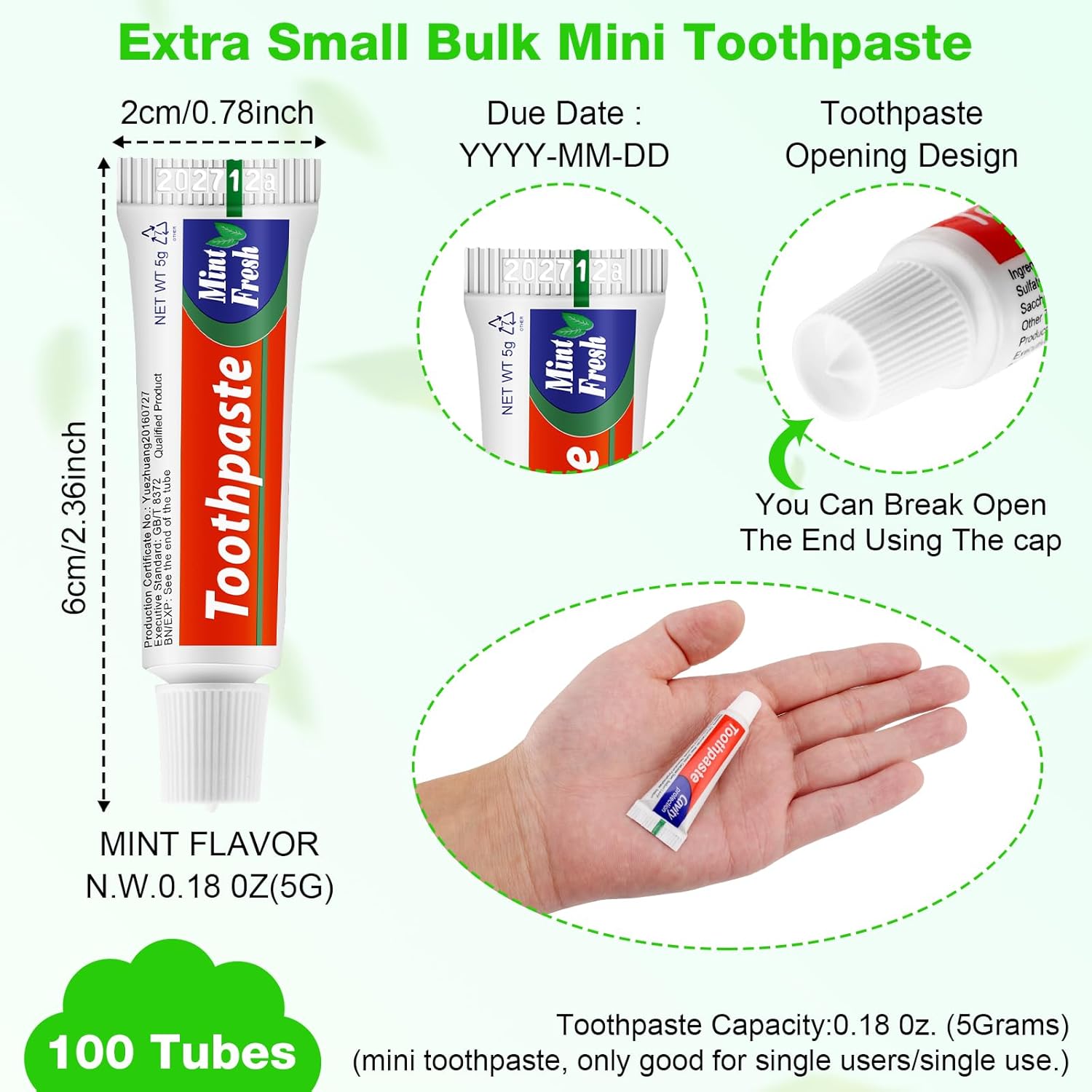 HOFASON 100 Tubes Bulk Travel Size Toothpaste for Bad Breath, 0.18 oz(5 g) Disposable Extra Small 2.28x0.78 inches Mini Toothpaste Peppermint for Guests, Homeless, Hotel, Charity Toiletries