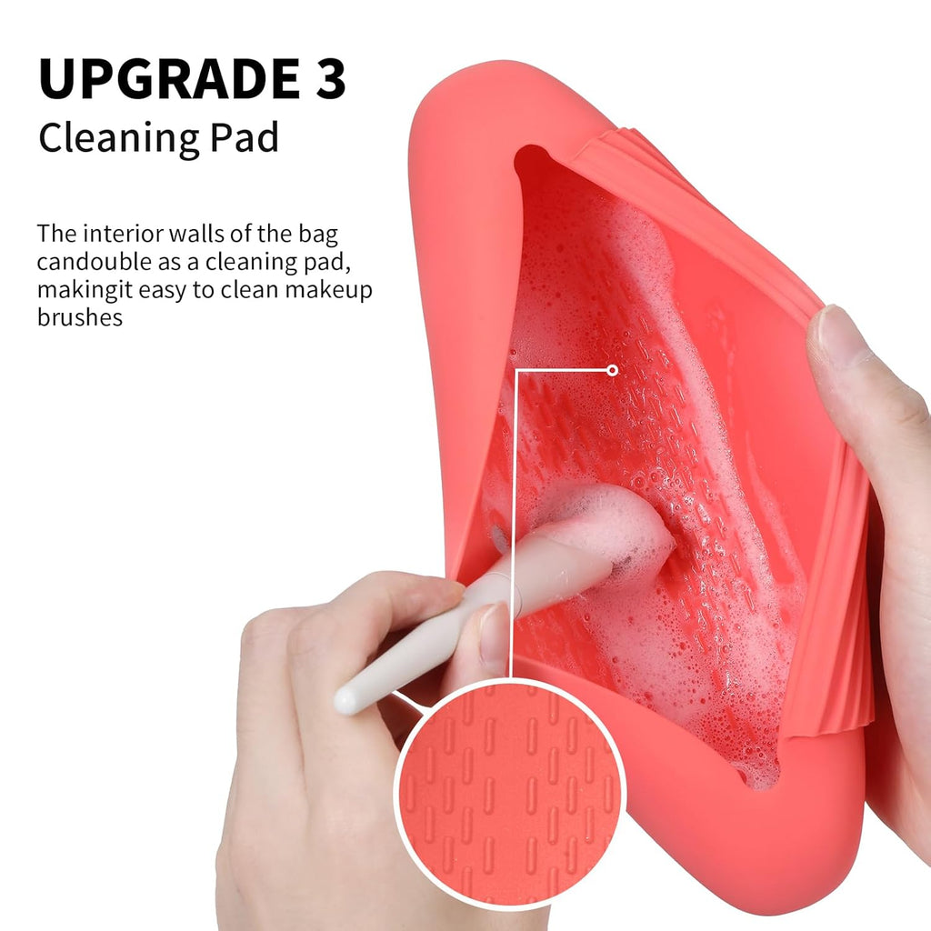 Silicone Makeup Brush Holder Travel Cosmetic Bag：Soft Portable Cosmetic Face Brushes Holder with Upgrade Anti-Fall Out Magnetic Closure, Large Travel Makeup Brush Case - Guava