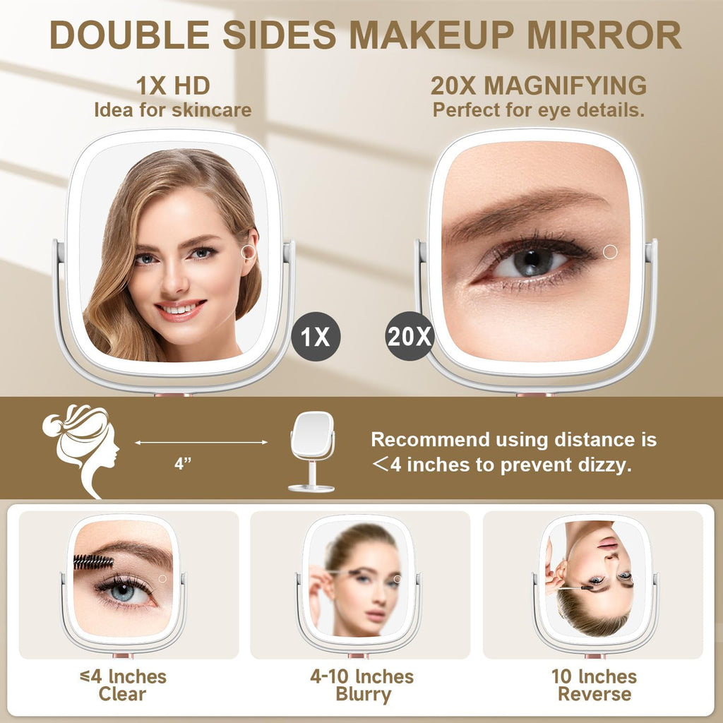 Mocado Makeup Mirror with Lights, 1X/20X Magnifying Mirror with Light, Vanity Mirror with 3 Colors Lights, Height Adjustable Lighted Makeup Mirror, Double Sided 360°Rotation, Memory Function (White)