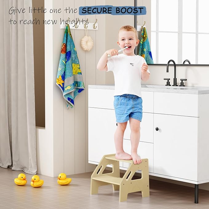 2 Step Stool for Toddlers Bathroom Sink, Kids Step Stool for Toilet Potty Training, Baby Child Toddler Stepping Ladder with Handles for Kitchen Counter Bedroom Nursery Bed (Natural Wood)