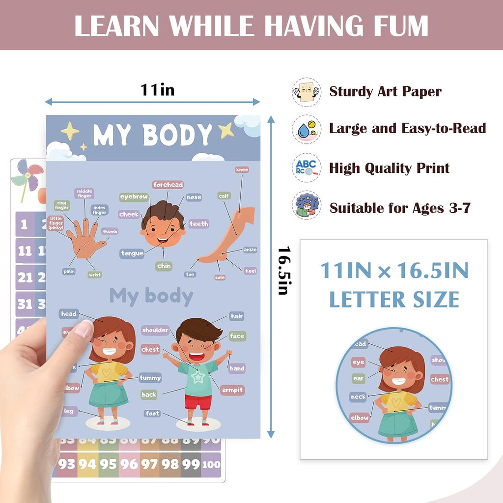 16 Educational Posters for Preschoolers, Laminated PreK Learning Poster Charts for Toddlers 1-3, Learning Wall Charts for Kids’ Bedroom, Playroom, Preschool, Kindergarten and Homeschool (Morandi A)