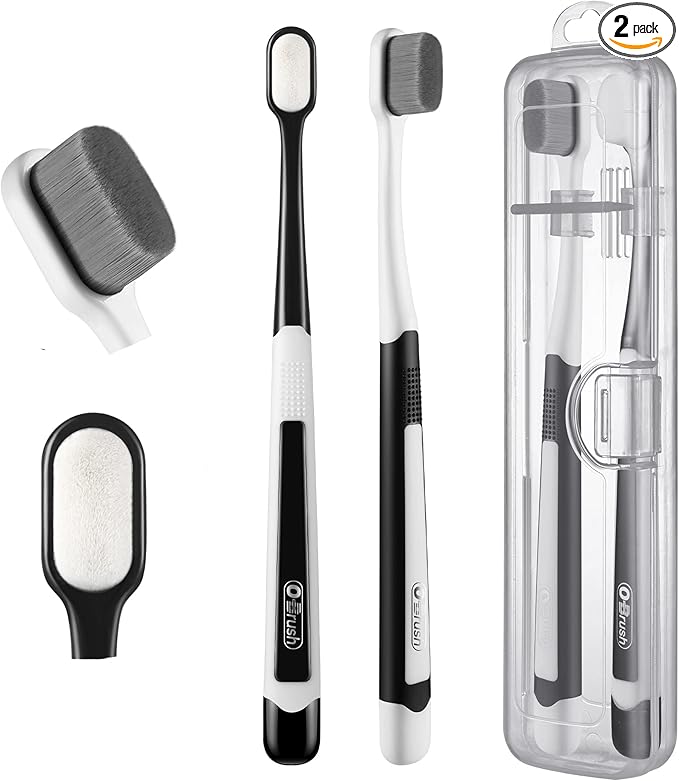 Ultra Extra Soft Toothbrush for Sensitive Gums, New Japanese 20,000 Micro Fine Nano Bristles Brush for Adults, Pregnant and Elderly, Portable Case for Travel, Black and White Color Pack of 2