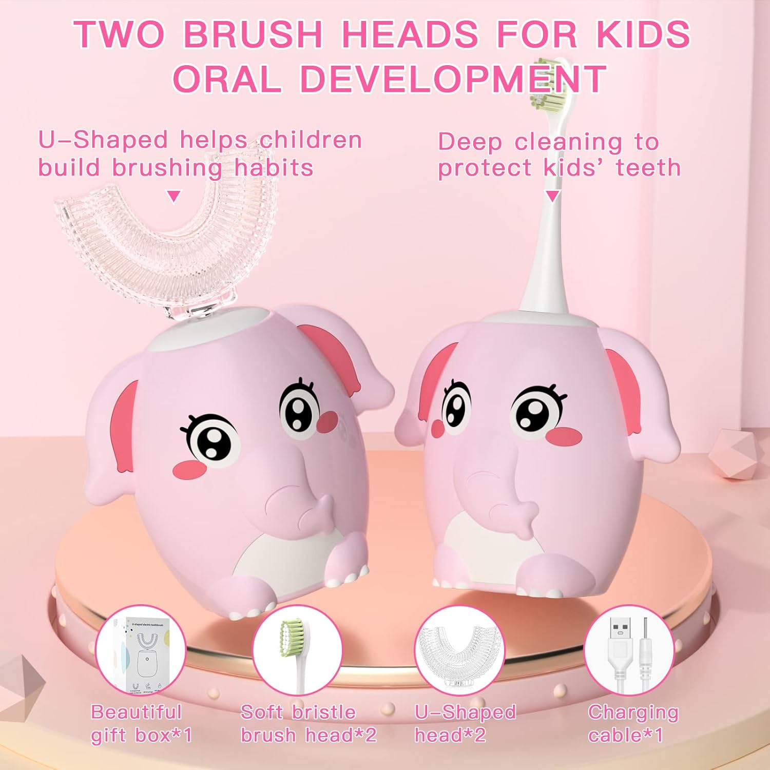 Kids Electric U Shaped Toothbrush Children Rechargeable Sonic Toothbrush with 4 Brush Heads Full Mouth 6 Cleaning Modes -(Age 8-15 Pink)