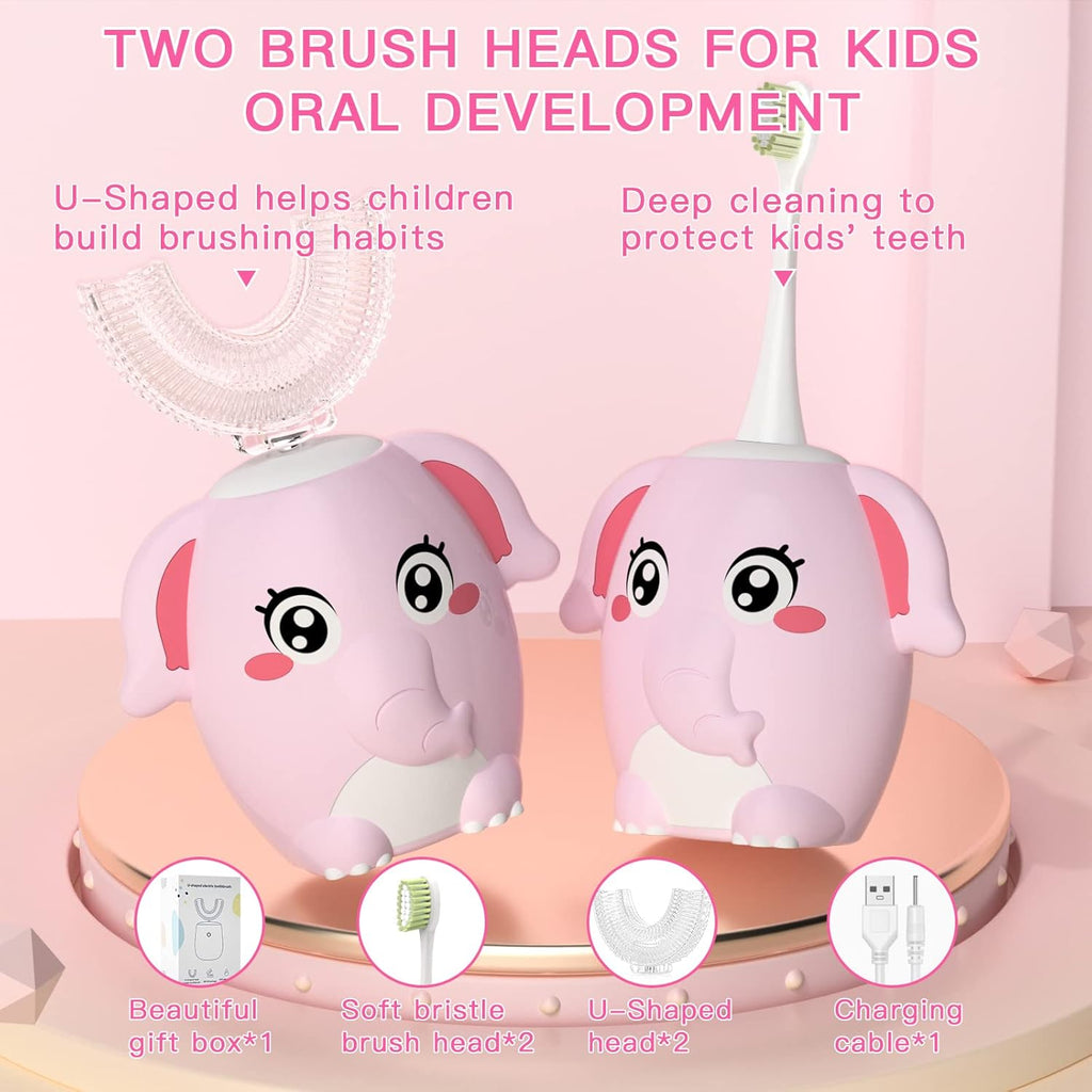 Kids Electric U Shaped Toothbrush Children Rechargeable Sonic Toothbrush with 4 Brush Heads Full Mouth 6 Cleaning Modes - (Age 2-7 Pink)