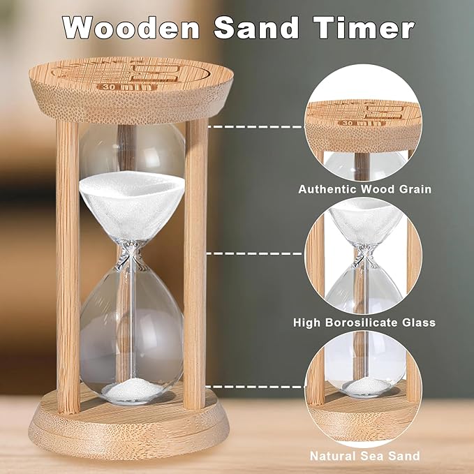 Wooden Sand Timers,15 Minute Stunning Glass Bamboo White Sand Hourglass for Productivity, Meditation & Decor, 15 Min Reloj De Arena for Kitchen, Office, Game, Classroom