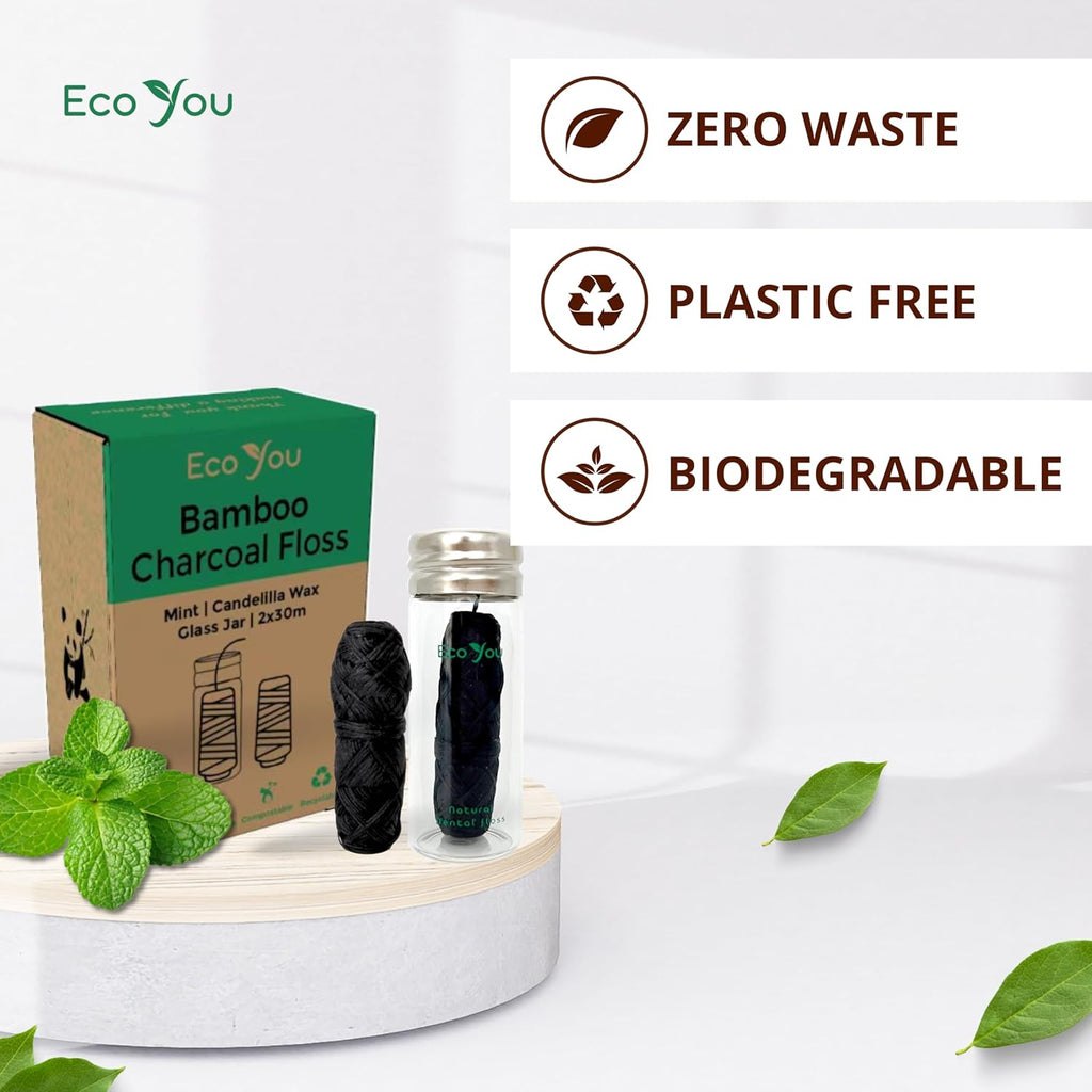 Charcoal Bamboo Floss | 2 Natural Floss Refill with Glass Container | Organic Mint & Candelilla Wax | Vegan & Biodegradable | Compatible w/Similar Dental Floss Silk Refill Containers