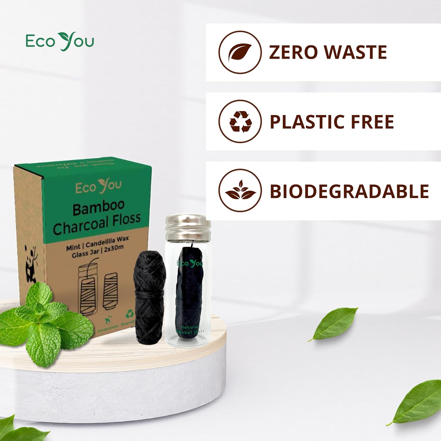 Charcoal Bamboo Floss | 2 Natural Floss Refill with Glass Container | Organic Mint & Candelilla Wax | Vegan & Biodegradable | Compatible w/Similar Dental Floss Silk Refill Containers
