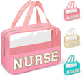Nurses Week Gifts Chenille Letter Clear NURSE Makeup Bag for Women,Preppy Nurse Cosmetic Pouch Zipper with Handle Nurse Essentials Bag for Work Supplies,Travel Waterproof Toiletry Storage(NURSE-Pink)