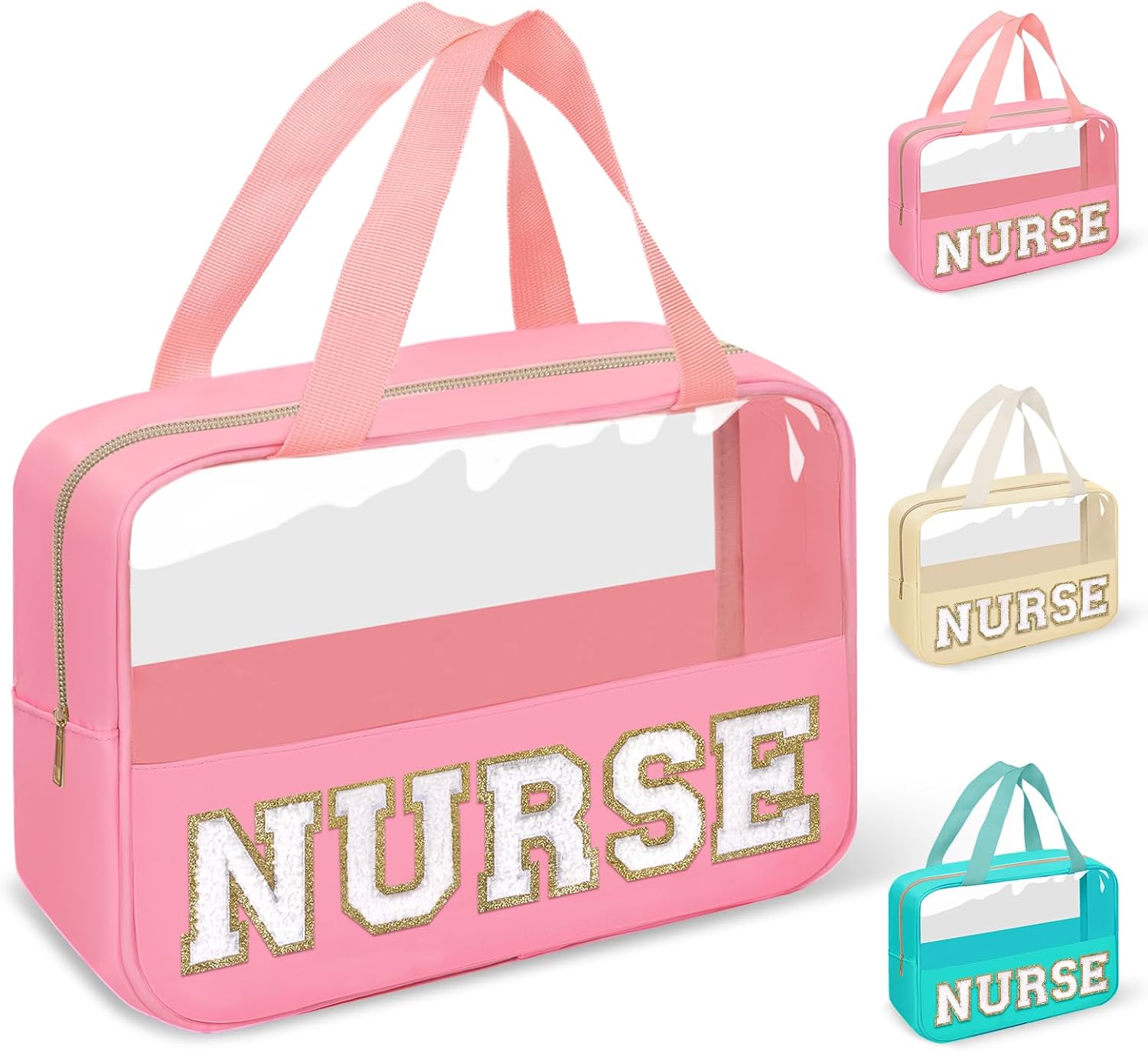 Nurses Week Gifts Chenille Letter Clear NURSE Makeup Bag for Women,Preppy Nurse Cosmetic Pouch Zipper with Handle Nurse Essentials Bag for Work Supplies,Travel Waterproof Toiletry Storage(NURSE-Pink)