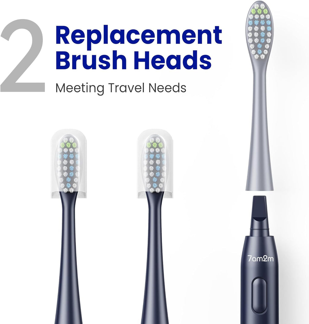 7AM2M Sonic Electric Toothbrush for Adults & Kids, with Travel Case&2 Brush Heads, 1 Charge for 90 Days, Type-C Rechargeable Sonic Toothbrush, Compact Design for Daily/Travel Use - Navy